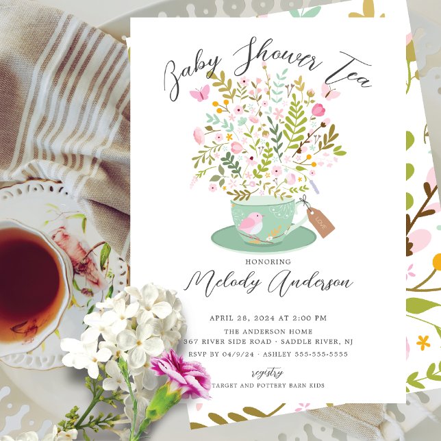 Charming Blommigt Tea Party Baby Shower-inbjudan Inbjudningar (Skapare uppladdad)