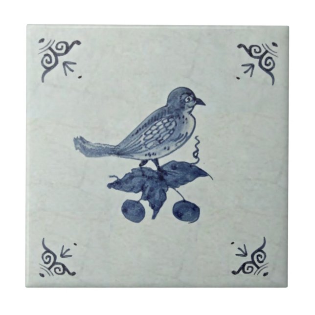 Charming Blue Bird Delft Tile Antique Reproduction Kakelplatta (Framsidan)