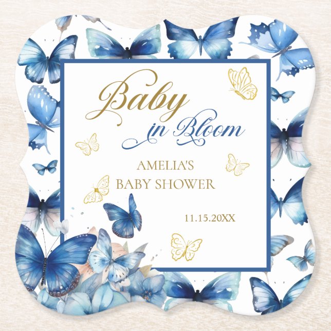Charming Blue Butterfly Baby i Bloom Baby Shower Underlägg Papper (Framsida)