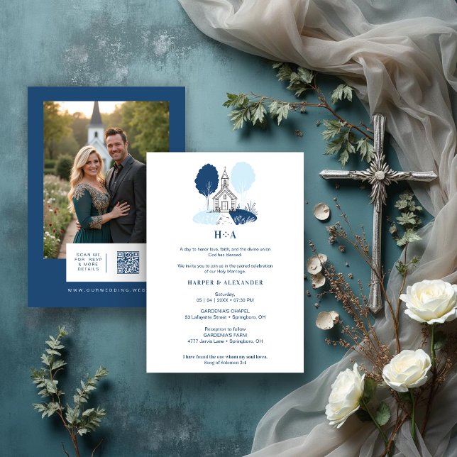 Charming Blue Church Christian Wedding Inbjudningar (Charming Blue Shades Church Illustration Christian Wedding Invitation Cards with Back Photo and QR.)