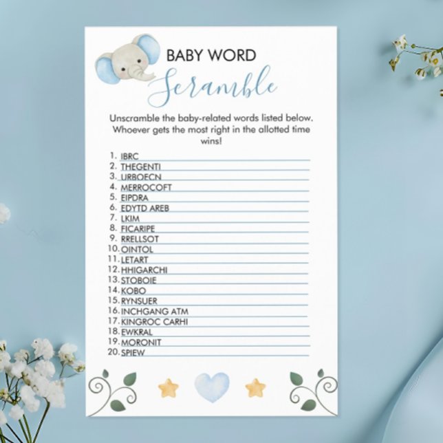 Charming Blue Elephant Baby Shower Ord Scramble Flygblad (Skapare uppladdad)