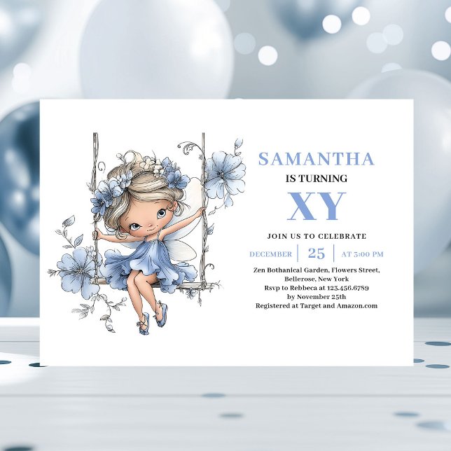 Charming Blue Fairy Girl 5-årsdag Pastell  Inbjudningar (Charming Blue Fairy Girl 5th Birthday Pastel invitation)