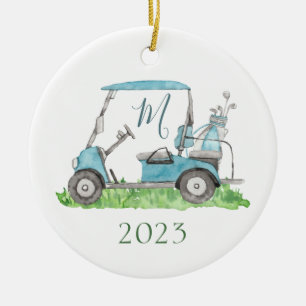Charming Blue Golf Cart Monogram Watercolor Julgransprydnad Keramik