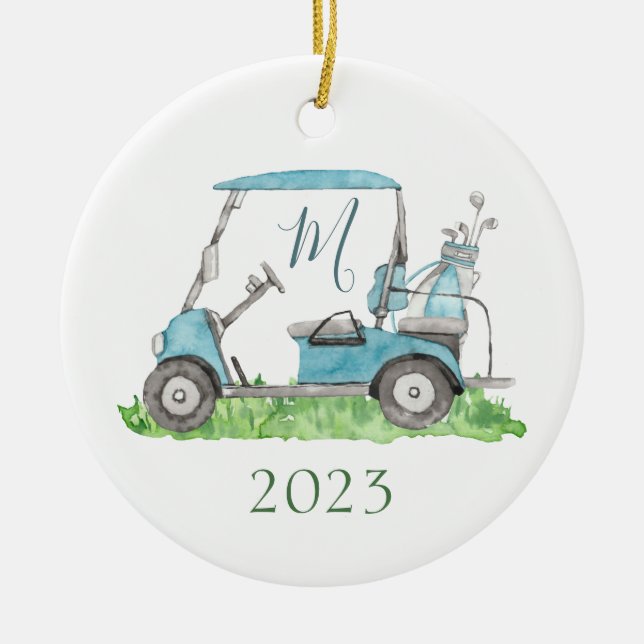 Charming Blue Golf Cart Monogram Watercolor Julgransprydnad Keramik (Framsidan)