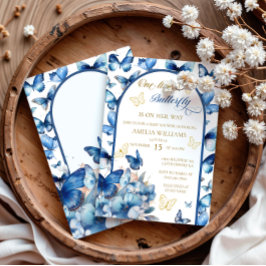 Charming Blue Guld Butterfly Girl Baby Shower Inbjudningar