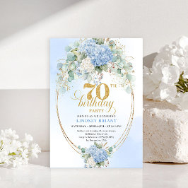 Charming Blue Hydrangeas Gold 70th Birthday Invite Inbjudningar