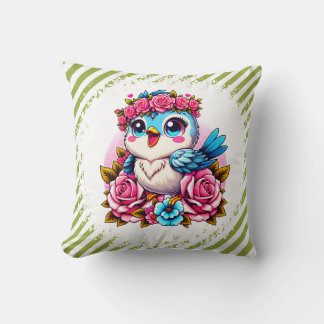 Charming Blue Owl with Roses Kudde