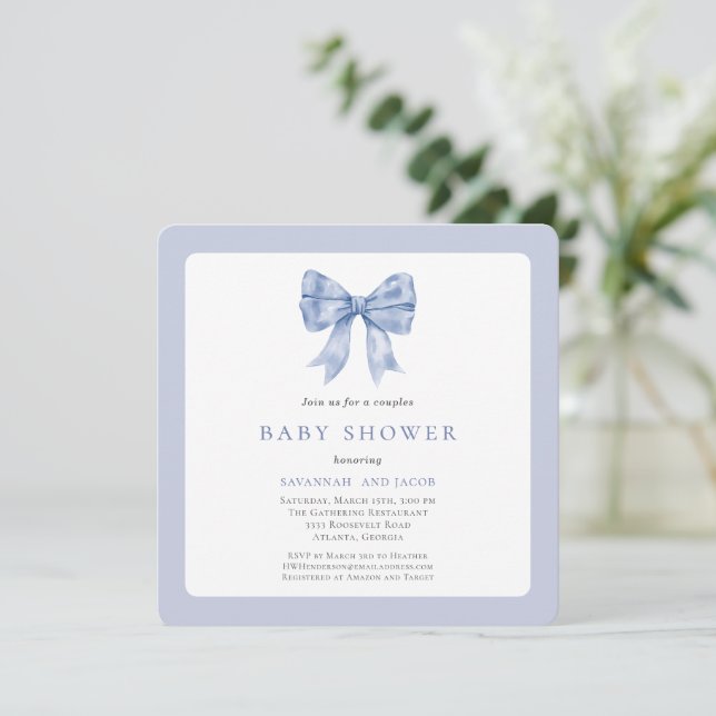 Charming Blue Ribbon Bow Boy Par Baby Shower Inbjudningar (Stående Fram)