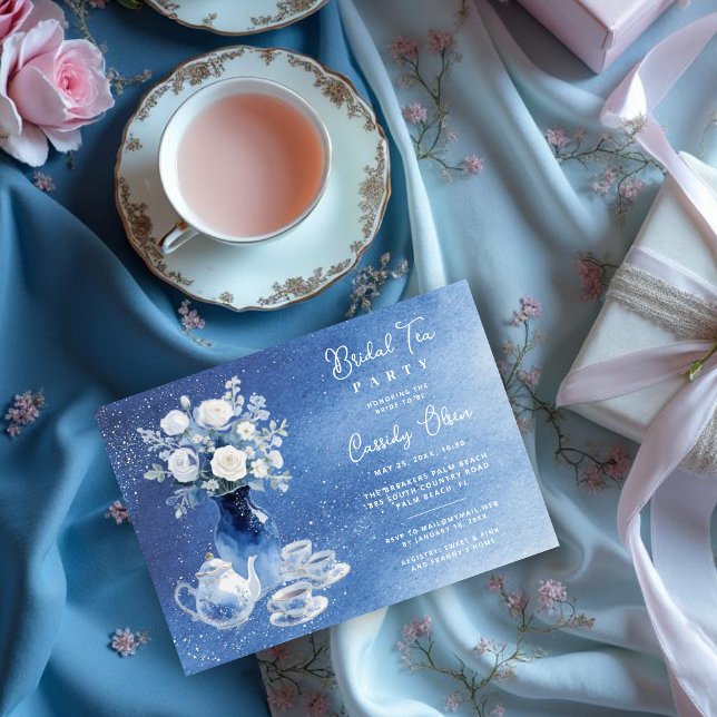 Charming Blue Tones Glitter Wedding Bridal Tea Set Inbjudningar (Charming Blue Tones Glitter Effect Bridal Tea Set Invitation Cards Honoring the Bride to Be.)