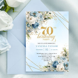 Charming boho blue florals gold frame 70th birthda inbjudningar