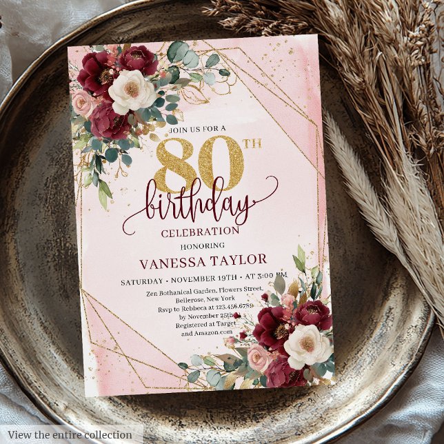 Charming Boho Mörk Red Guld Ro 80:e födelsedagen Inbjudningar (Charming Boho Dark Red Gold Roses 80th Birthday Invitation)