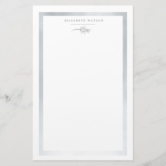 Charming Botanical Silver Monogram Stationery Brevpapper (Framsida)