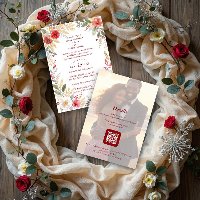 Charming Botanical Winter Frame Back Photo Wedding Inbjudningar (Charming Botanical Winter Frame & Back Photo Wedding Invitation Cards with Back Modern QR Code. )