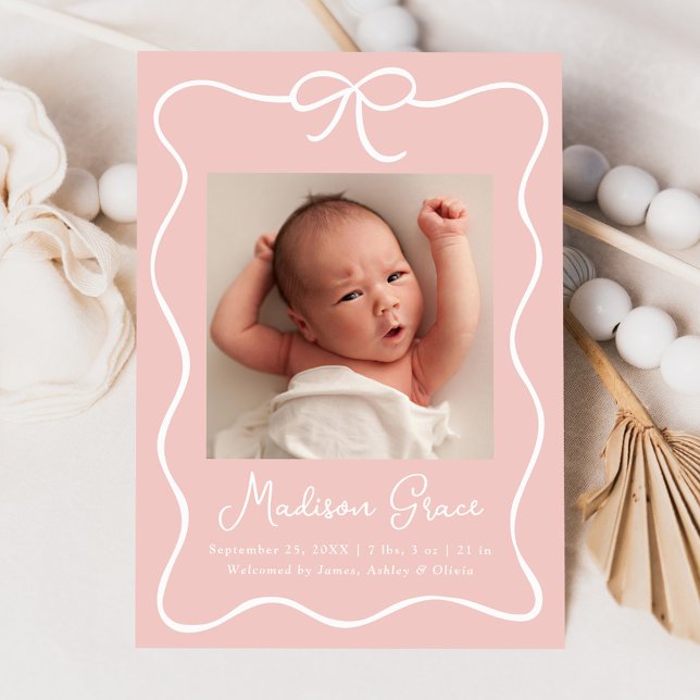Charming Bow  Rosa Flicka Photo Birth Meddelande (Skapare uppladdad)