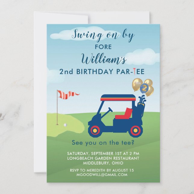 Charming Boy Golf Cart Par-T 2:a födelsedagen Inbjudningar (Framsida)