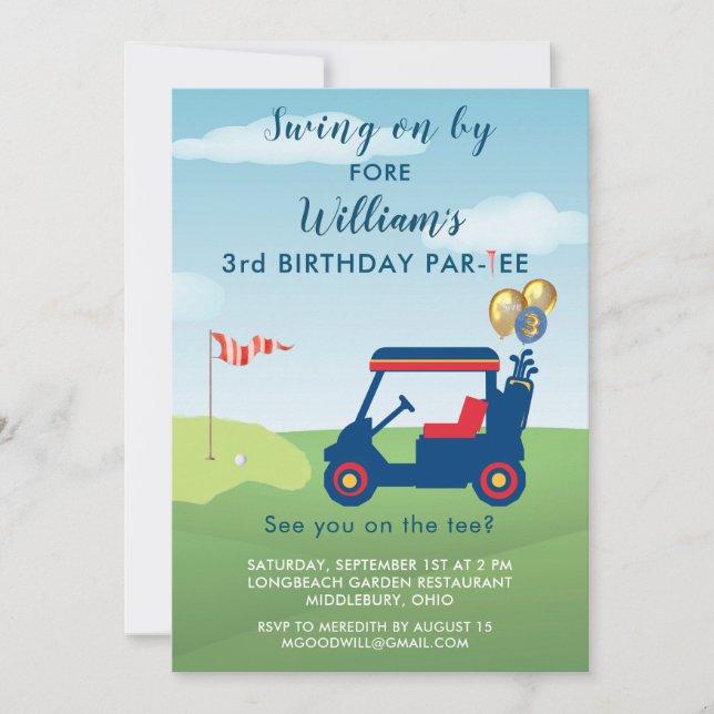 Charming Boy Golf Cart Par-T 3:e födelsedagen Inbjudningar (Framsida)
