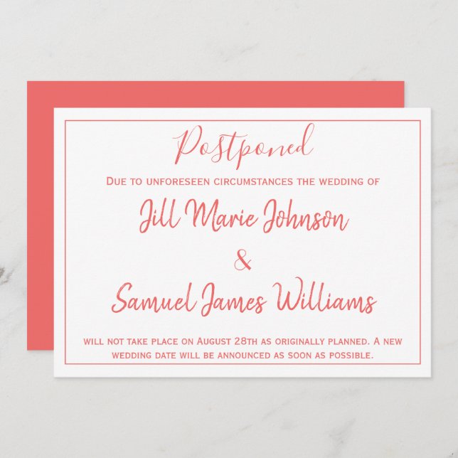 Charming Bröllop Coral and White Postponed Inbjudningar (Fram/baksida)