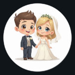 Charming Bröllop par Stickers Runt Klistermärke<br><div class="desc">Tecknad-klistermärken med en lycklig-brid och groom-perfekt för firande och kärlek-anteckningar i bröllop. Lägg till en romantisk beröring i dina meddelanden!</div>