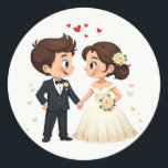 Charming Bröllop par Stickers Runt Klistermärke<br><div class="desc">Söta och färgstarka tecknader med ett par i bröllop,  perfekt för firande och kärlek-temade dekorationer.</div>