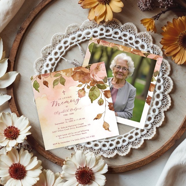 Charming Brown Floral Watercolor Effect Funeral  Inbjudningar (Charming Brown Floral Watercolor Effect Funeral Invitation Design with Back Photo.)