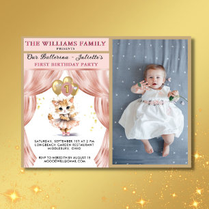 Charming BUDGET Dancing Kitten 1st Birthday Girl Inbjudningar