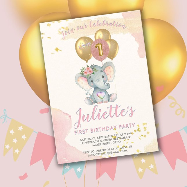 Charming BUDGET Rosa Elephant First Birthday Girl Inbjudningar (Skapare uppladdad)