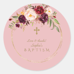 Charming Burgundy  Flowers Baptism Runt Klistermärke