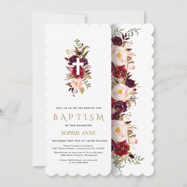Charming Burgundy  Flowers Guld Baptism Inbjudningar (Framsida)