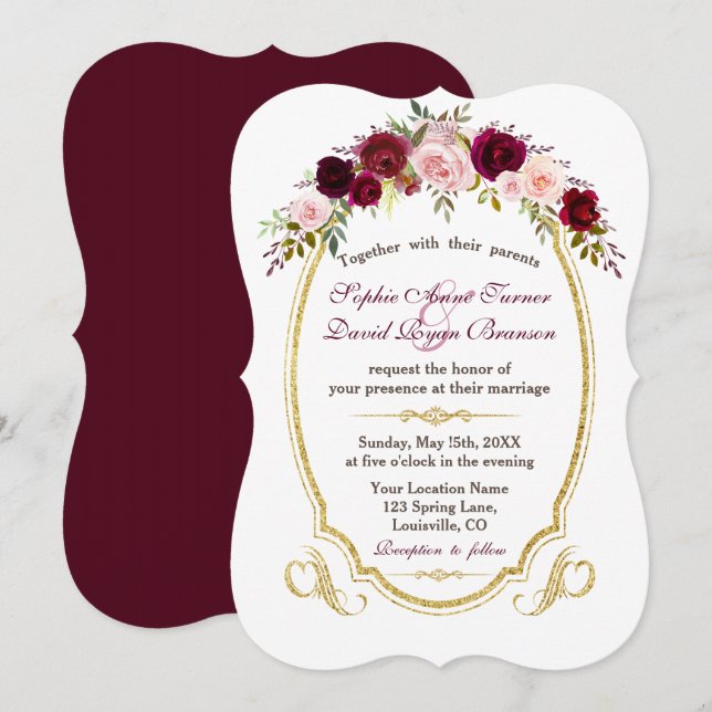 Charming Burgundy Marsala Blommigt Fall Wedding Inbjudningar (Fram/baksida)