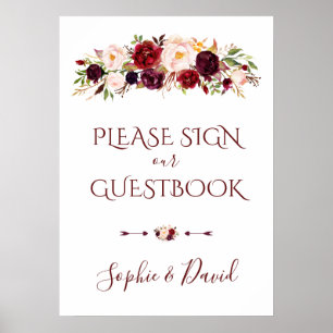 Charming Burgundy Marsala Blommigt Guestbook-tecke Poster