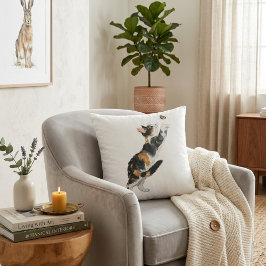 Charming Calico Cat & Butterfly Watercolor Throw Kudde