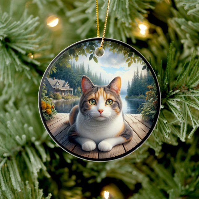 Charming Calico Cat Rustic Scene  Julgransprydnad Keramik (Skapare uppladdad)