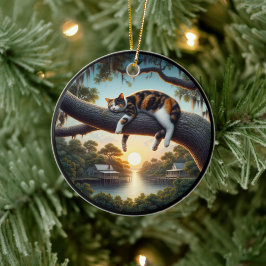 Charming Calico Cat Rustic Scene  Julgransprydnad Keramik