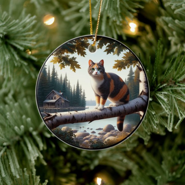 Charming Calico Cat Rustic Scene  Julgransprydnad Keramik (Skapare uppladdad)