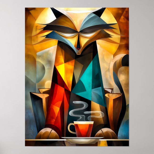 Charming Cat – Kubistisk filosof med kaffe Poster (Framsidan)