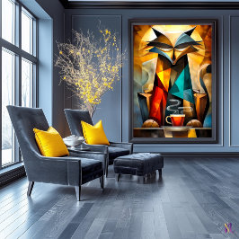 Charming Cat – Kubistisk filosof med kaffe Poster