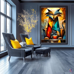 Charming Cat – Kubistisk filosof med kaffe Poster