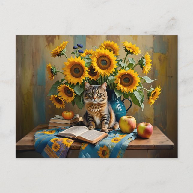 Charming Cat med Solros Bouquet Vykort (Framsida)