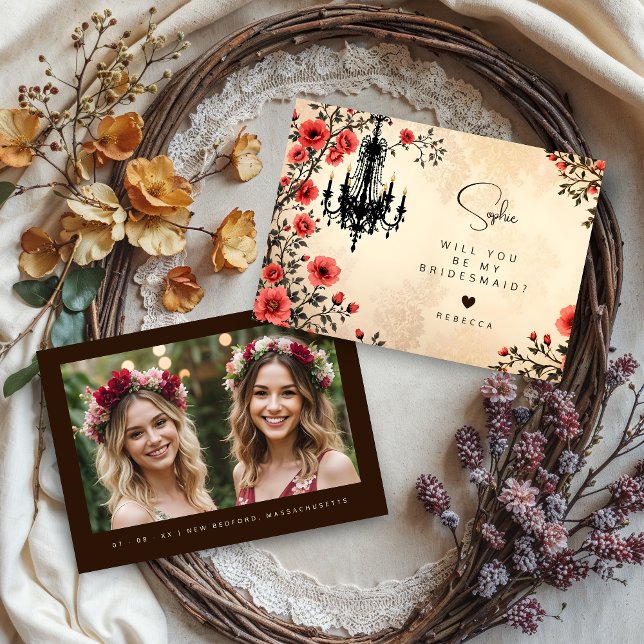 Charming Chandelier Classic Red Floral Bridesmaid (Bridesmaid or Maid/Matron of Honor Proposal Cards with Back Photo. )