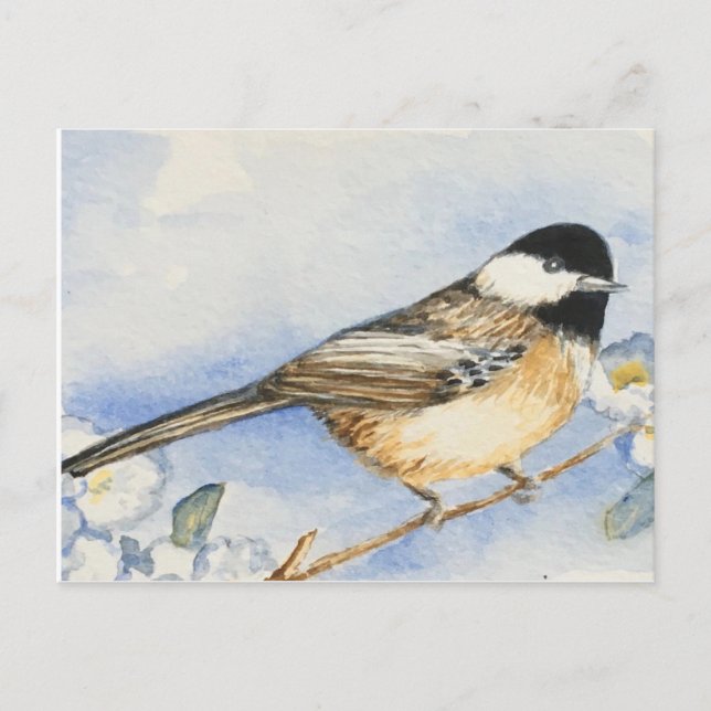 Charming Chickadee Flowers Watercolor Vykort (Framsida)