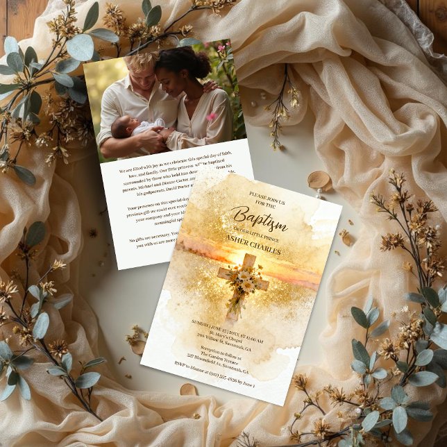 Charming Christian Wildflowers Cross-Shape Baptism Inbjudningar (Charming Christian Floral Wildflowers Cross Watercolor Effect Gold Glitter Effect Baptism Invitation)