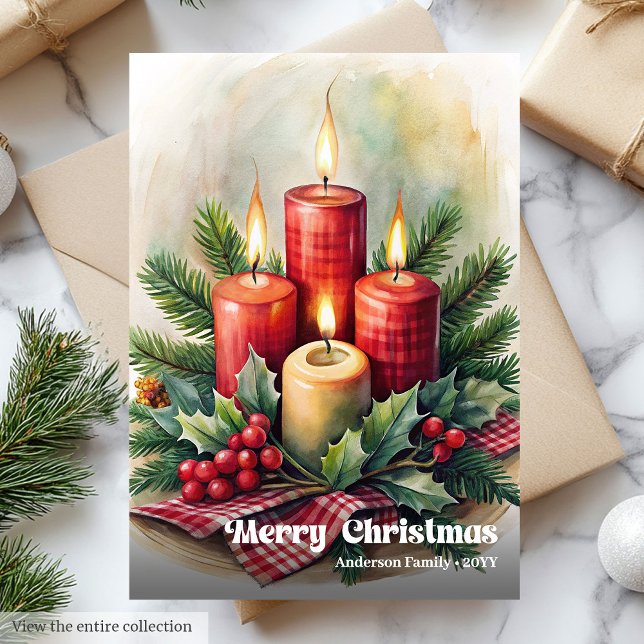 Charming Christmas candles rustic holly greeting Julkort (Charming Christmas candles rustic holly greeting Holiday Card )