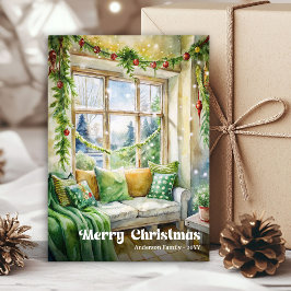 Charming Christmas scene card classic red green   Julkort