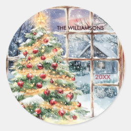 Charming Christmas Scene Tree Snow Gifts  Runt Klistermärke