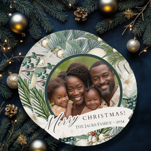 Charming Circle Elegant Ivory & Blue Family Photo Julkort