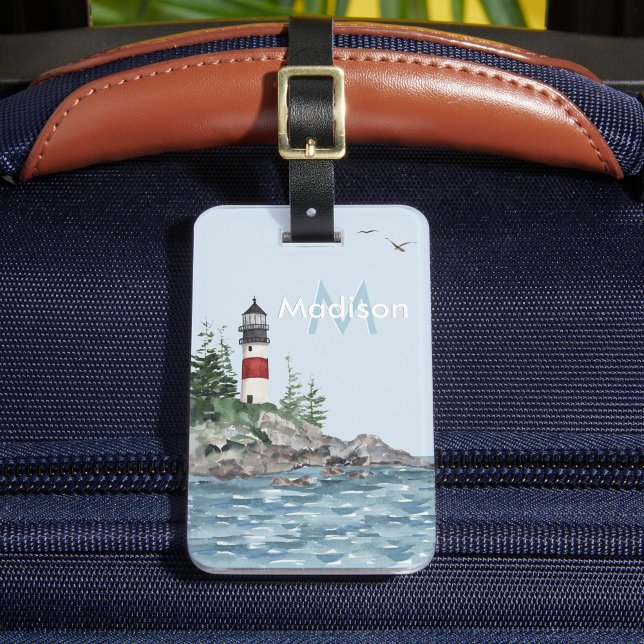 Charming Coastal Lighthouse Sten Monogram Namn Bagagebricka (Skapare uppladdad)