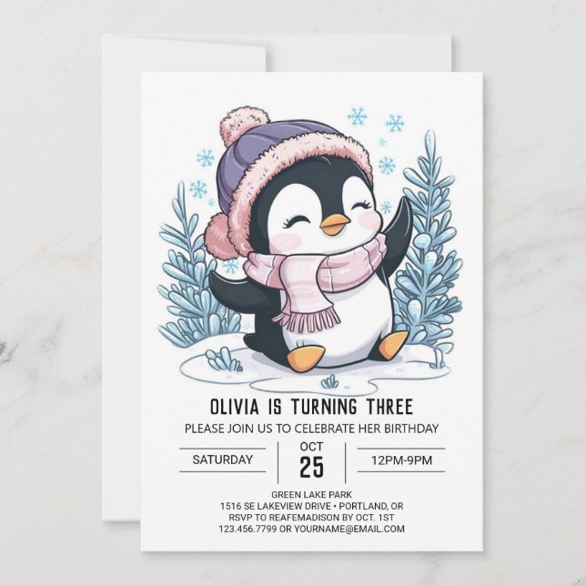 Charming Colorful Penguin Digital Birthday Inbjudningar (Framsida)