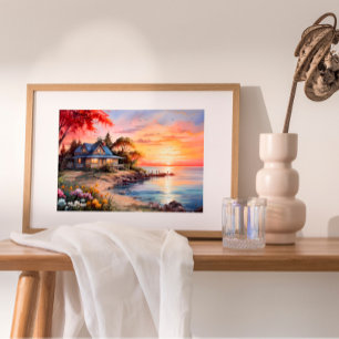Charming Cottage Sjölandskap Tranquil Sunset Poster