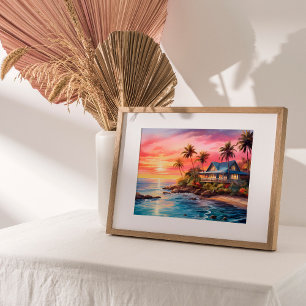 Charming Cottage Sjölandskap Tranquil Sunset Poster