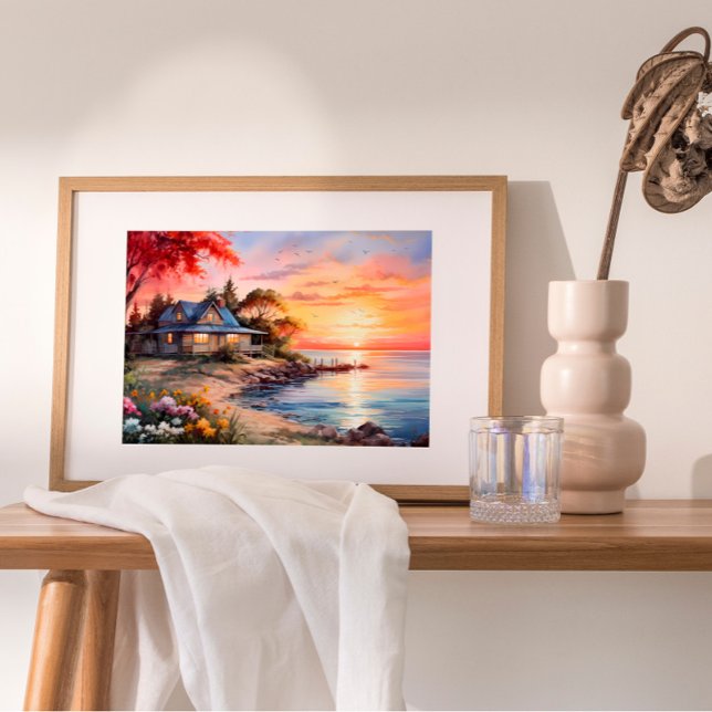 Charming Cottage Sjölandskap Tranquil Sunset Poster (Indulge in coastal haven's serene beauty with a captivating digital oil painting. )
